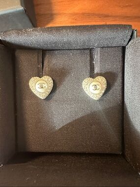 CHANEL Gold Heart CC Pavé Stud Earrings